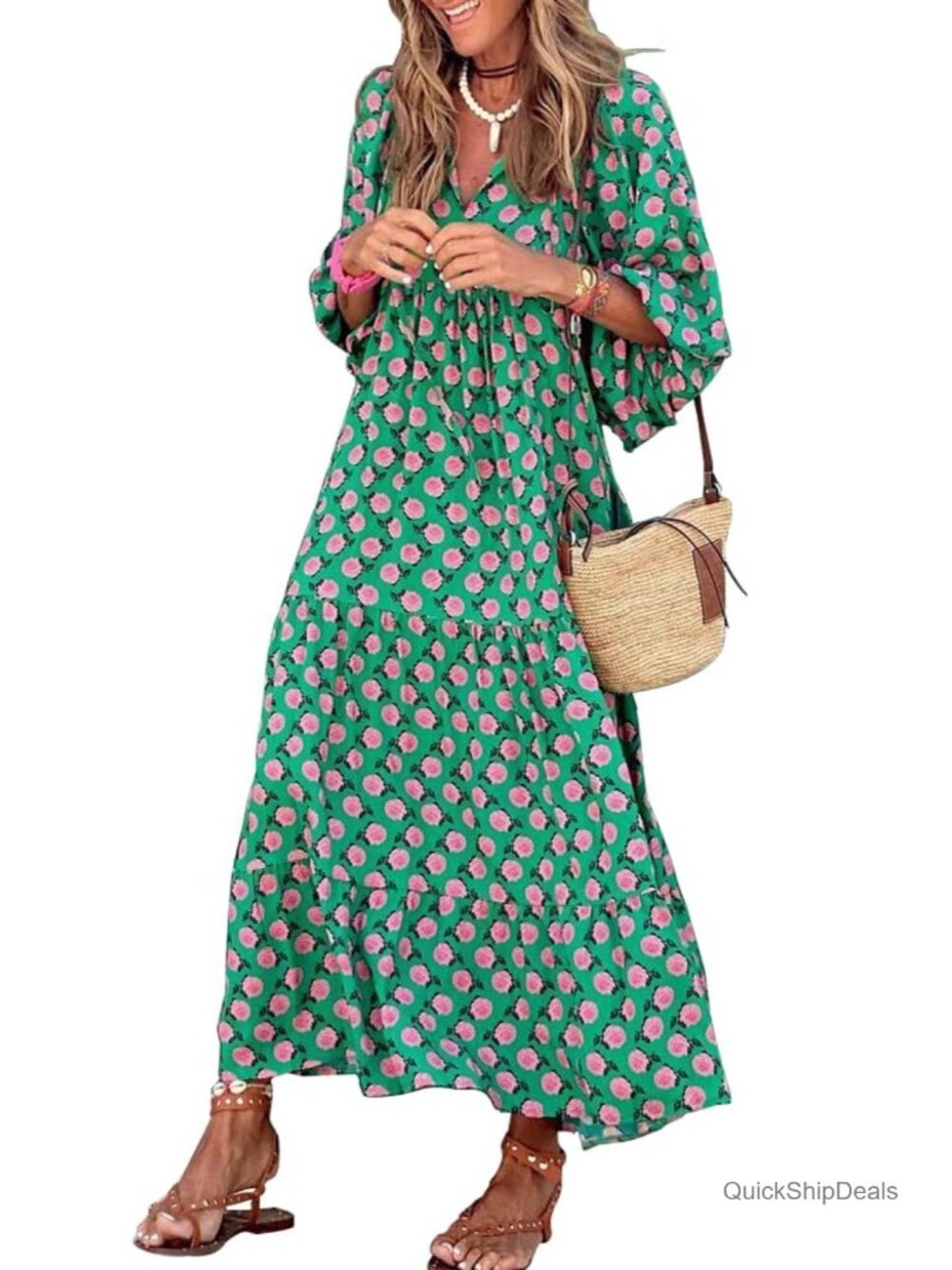 Boho V Neck Half Sleeve Maxi Dress Geometric A-Line Flowy Beach Vacation